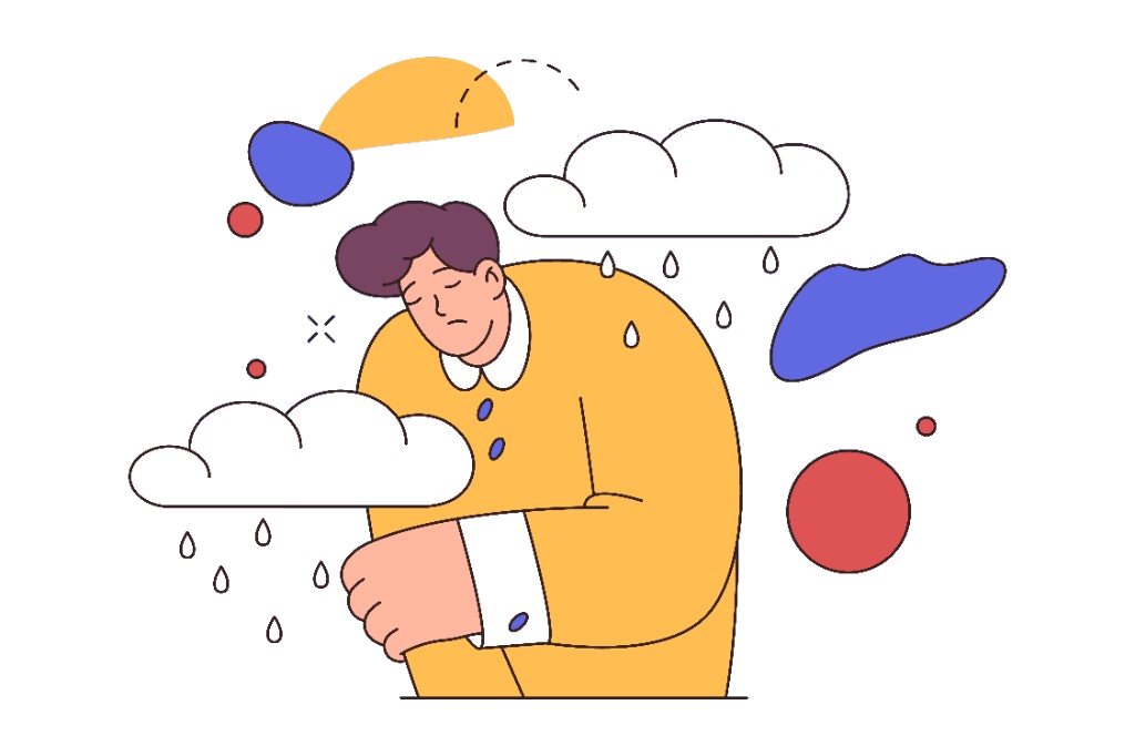 Illustration of low mood: a figure beneath rain clouds with a heavy, inward posture.
