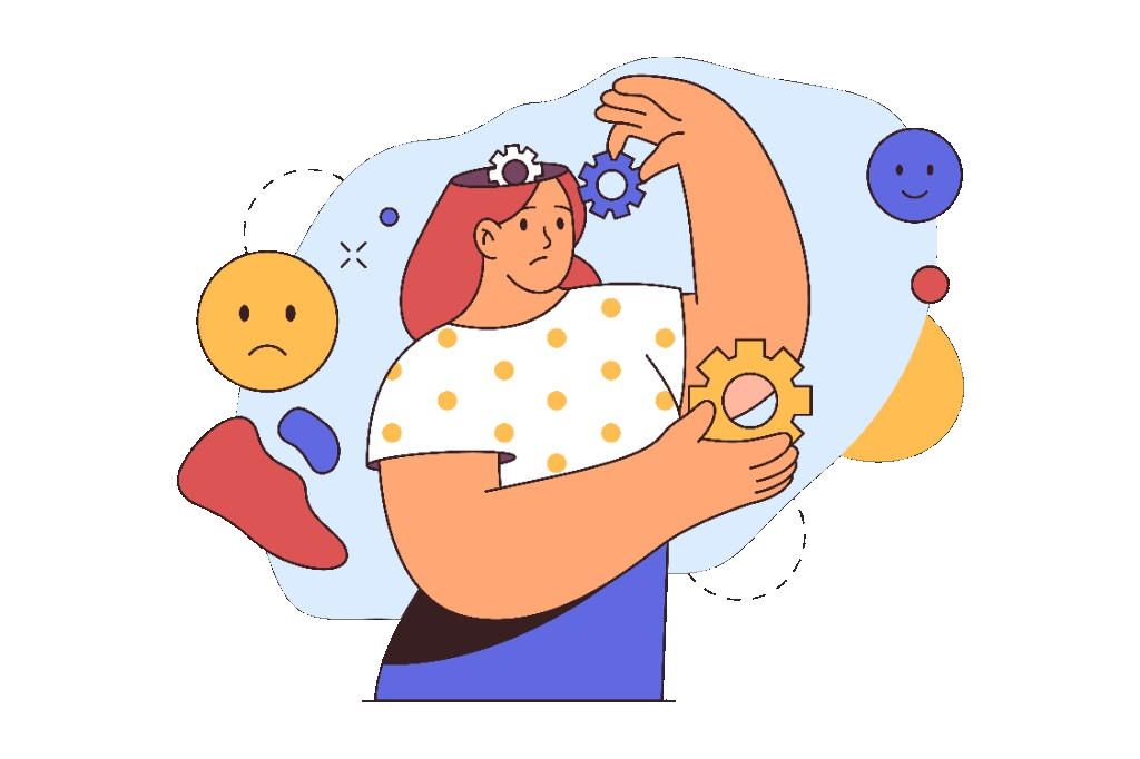 Illustration of shifting moods: a figure with theater masks and symbols of both joy and sadness.