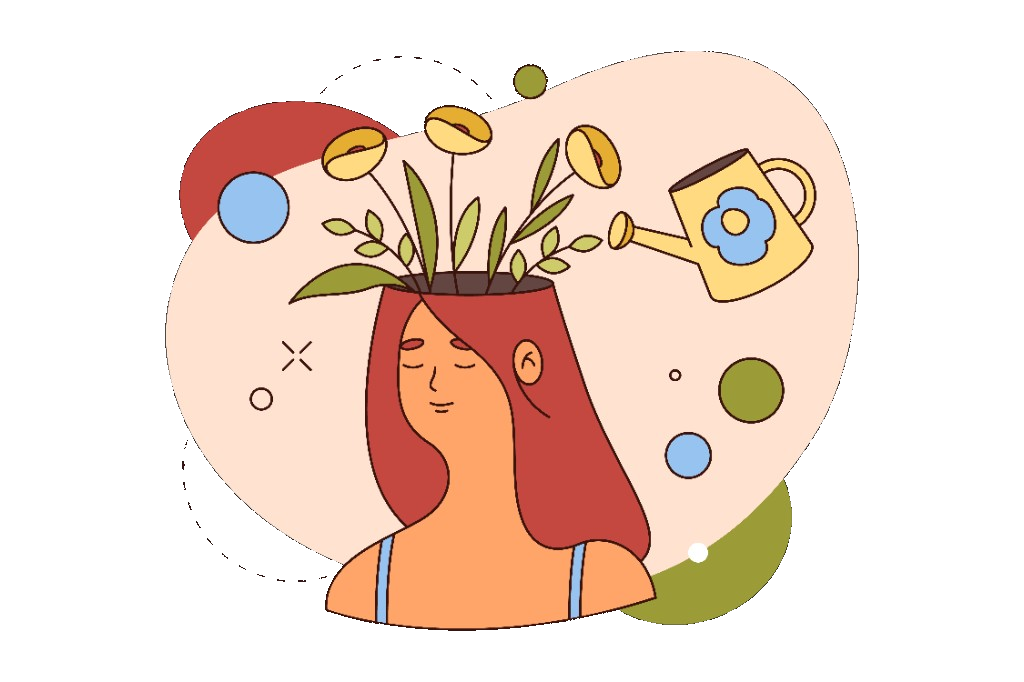 Illustration of calm self-care: a peaceful figure with flowers growing like a nurtured garden, and a watering can.