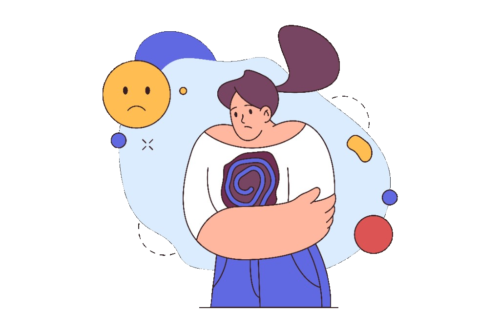 Illustration of low mood and emotional weight: a figure in a comforting hold with symbols of inner turmoil.