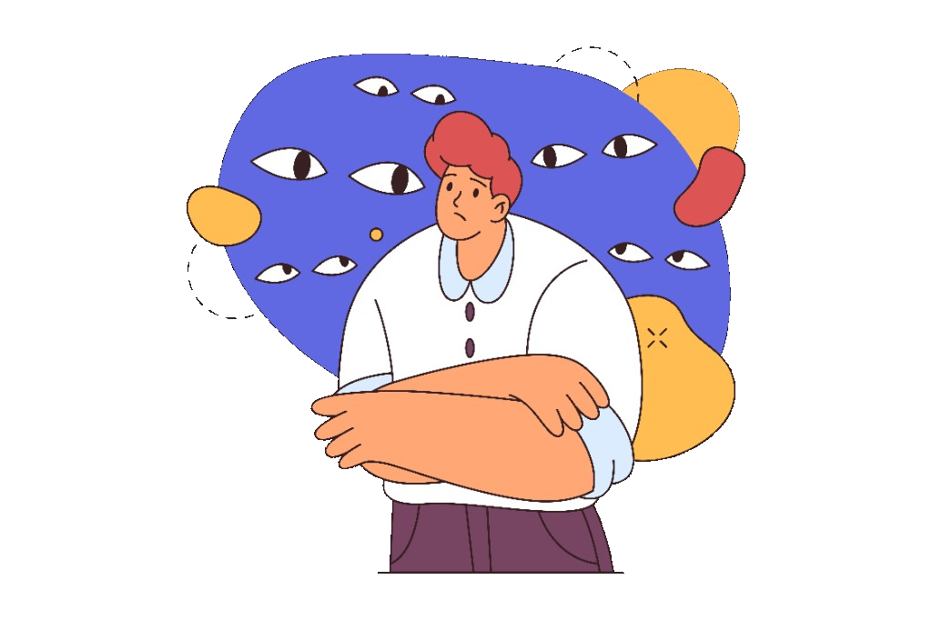 Illustration of worry and social anxiety: a figure with folded arms as watchful eyes suggest feeling observed.