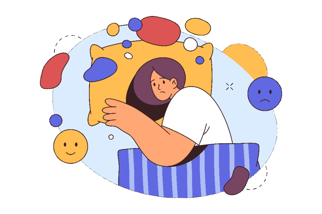 Illustration of sleeplessness: a figure lies awake in bed hugging a pillow, fatigued and alert.