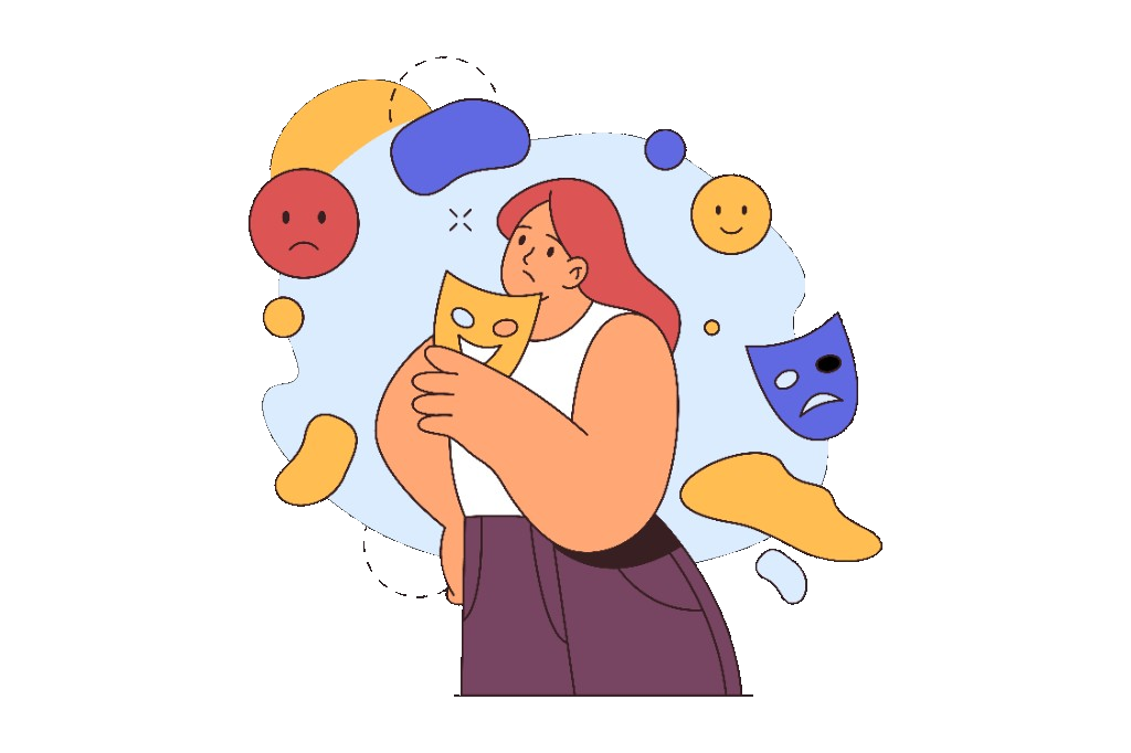 Illustration of masking feelings: a figure holding a smile mask while thoughtful mood symbols float nearby.