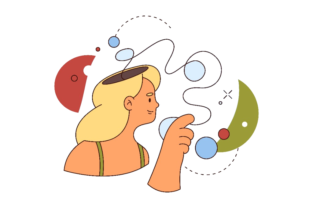 Illustration of emotional balance: a figure guides a tangled line of thoughts with a calm expression.
