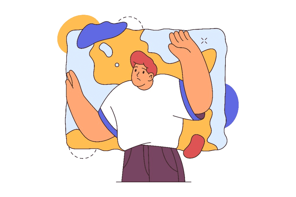 Illustration of feeling boxed in: a figure presses against the edges of an abstract frame.
