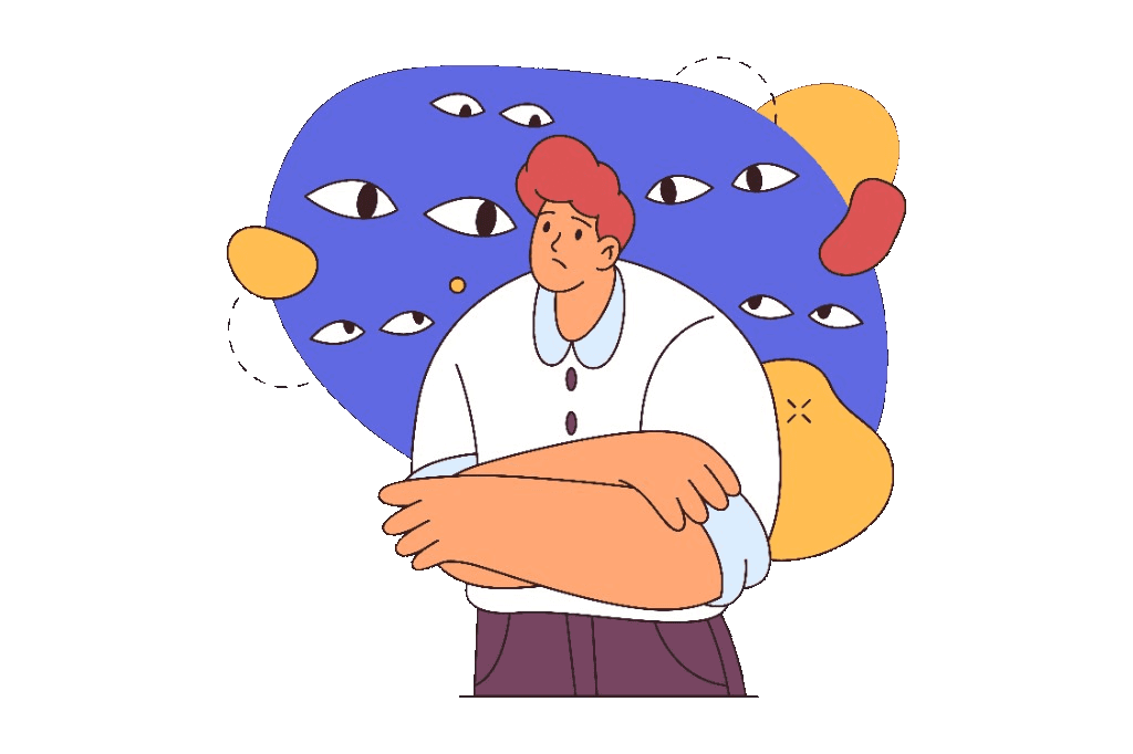 Illustration of worry and social anxiety: a figure with folded arms as watchful eyes suggest feeling observed.