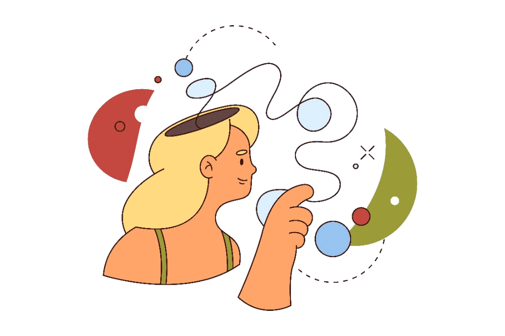 Illustration of emotional balance: a figure guides a tangled line of thoughts with a calm expression.