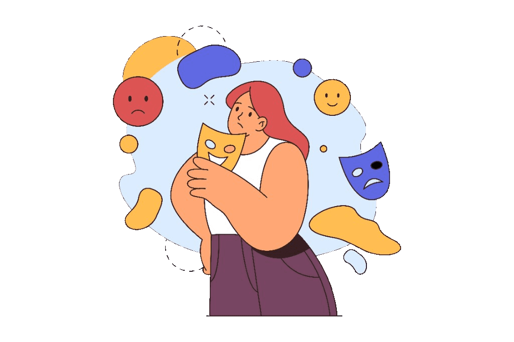 Illustration of masking feelings: a figure holding a smile mask while thoughtful mood symbols float nearby.